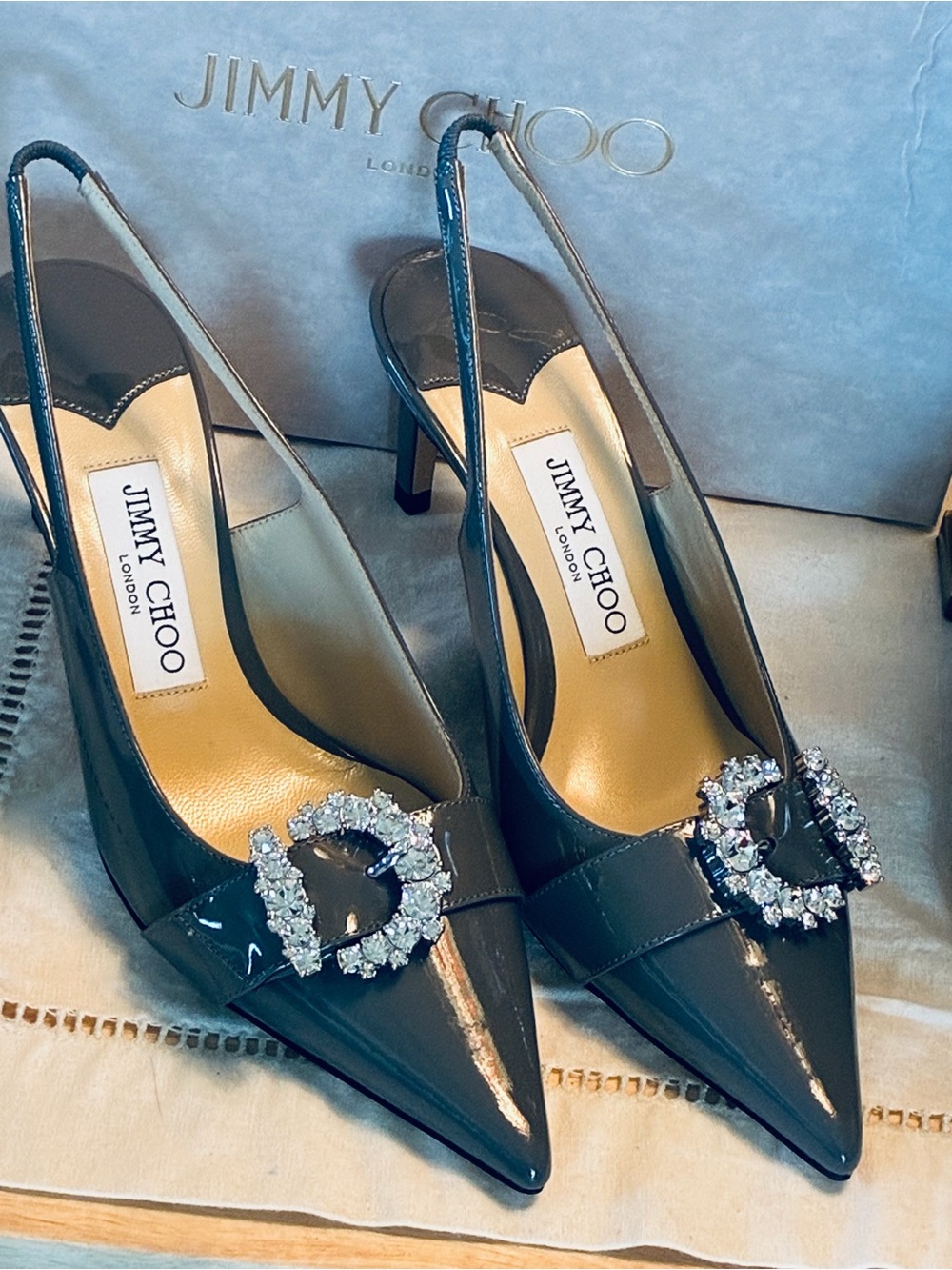 ✨ Jimmy Choo Cheri SB65 Patent Slingback Pointed Toe Pumps w Crystal Buckle NWT - Picture 3 of 17